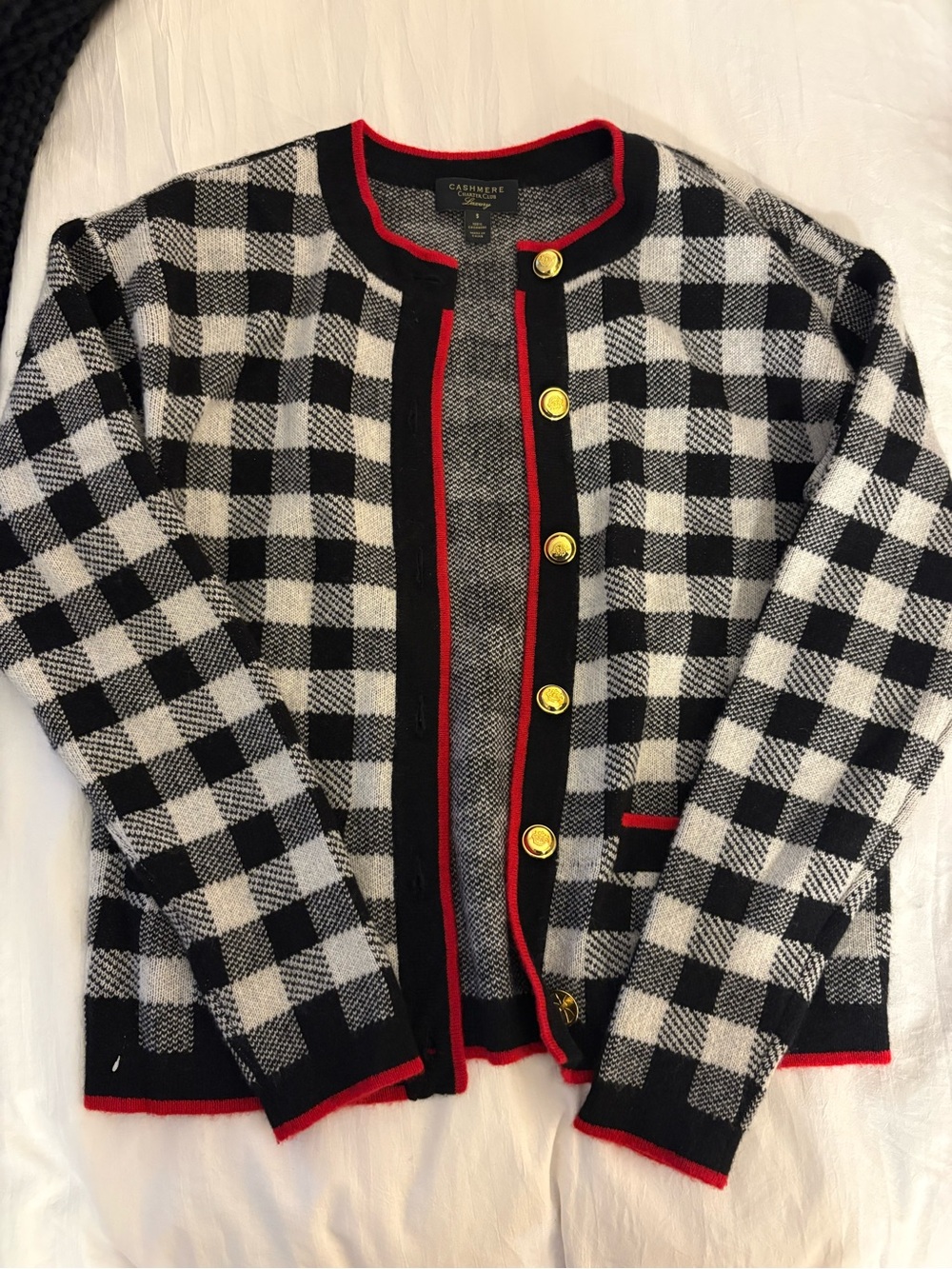 Cashmere Charter Club Black & White Knit Cardigan with Red Trim